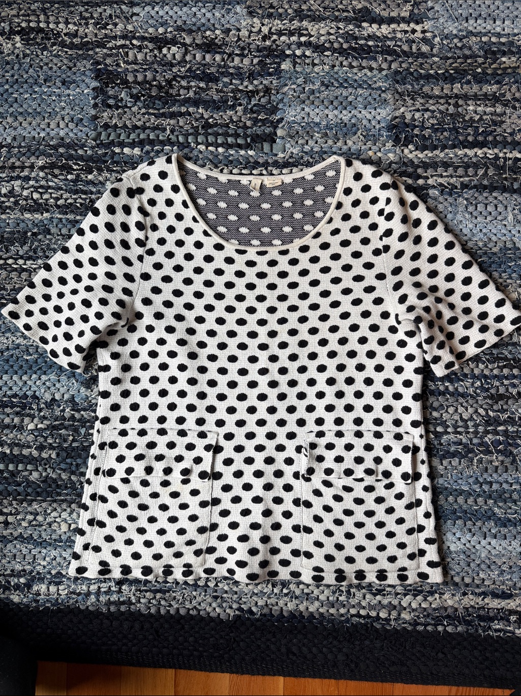 Free Moth Black And White Polka Dot Short Sleeve Knit Top